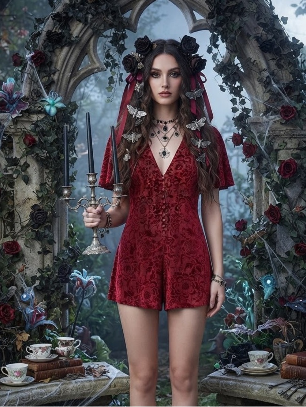 Forever 21 Velvet Burnout Romper S Whimsigoth Festival V-Neck Button Front Red